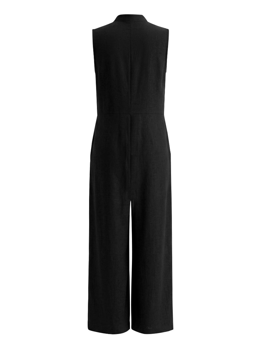 High-Waist Stand-Collar Button-Detail Pocket Jumpsuit