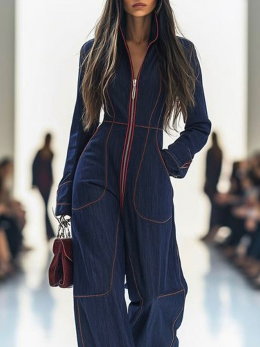 Wide-Leg Stand-Collar Zip Long-Sleeve Jumpsuit