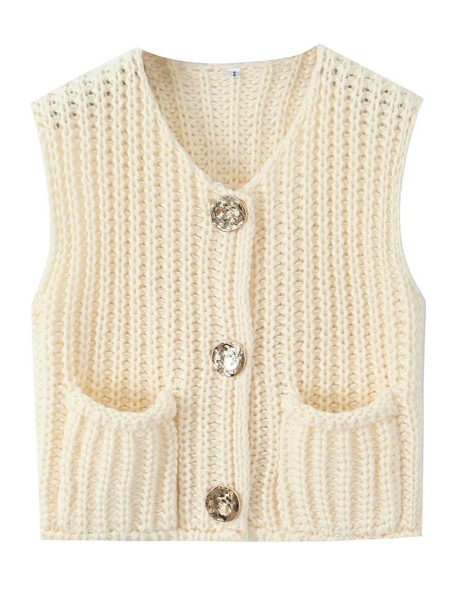 Knit Button-Detail Pocket Sleeveless Cardigan