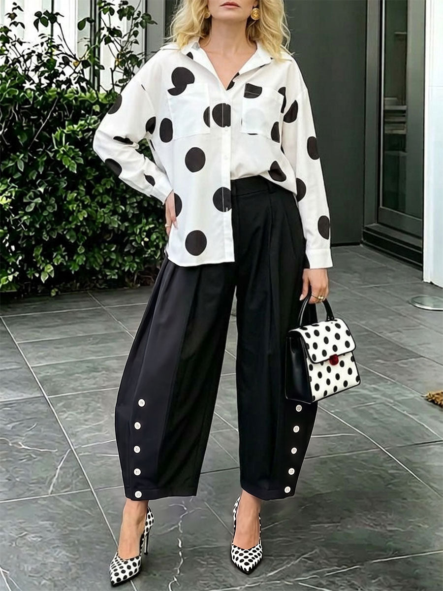 Wide-Leg High-Waist Pleated Button-Detail Pants