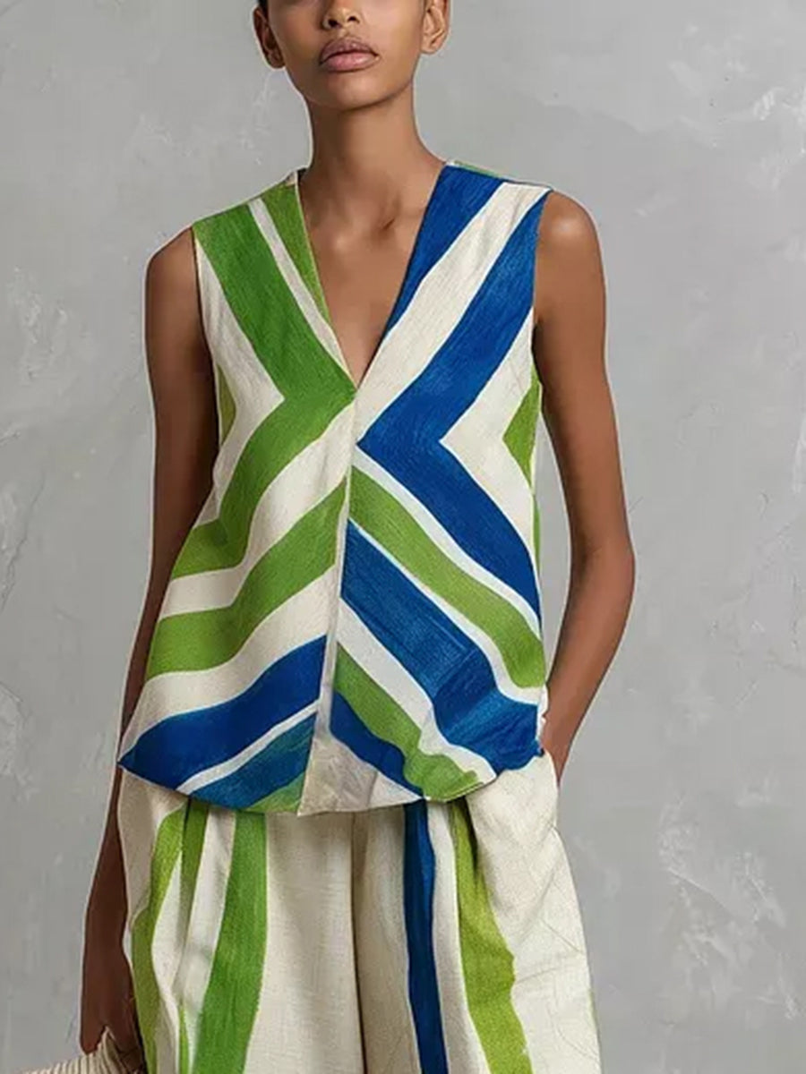 Striped V-Neck Sleeveless Relaxed Tank Top