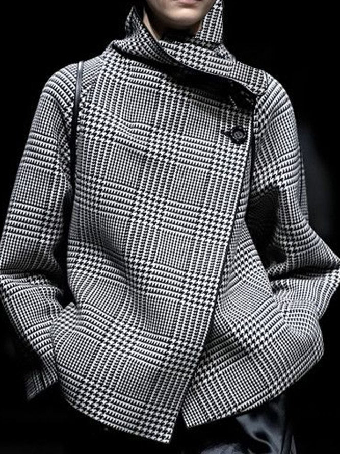 Houndstooth Checked Stand-Collar Asymmetric Jacket