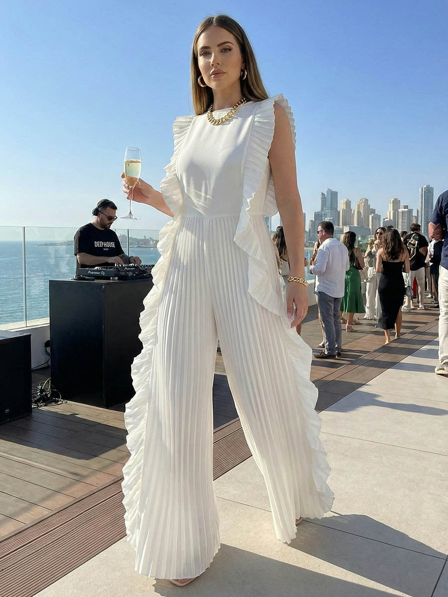 Round-Neck Pleated Ruffle Sleeveless Jumpsuit