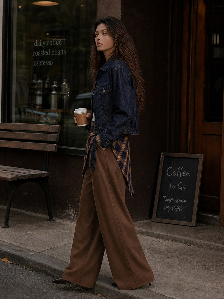 Checked Wide-Leg High-Waist Pocket Pants