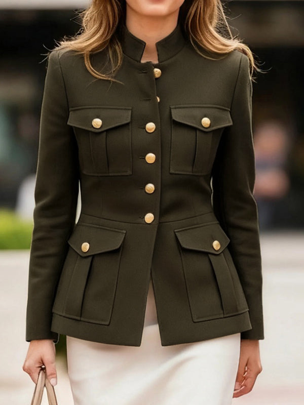 Stand-Collar Pleated Button-Detail Pocket Jacket
