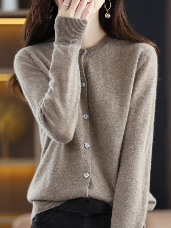 Knit Round-Neck Button-Detail Long-Sleeve Cardigan