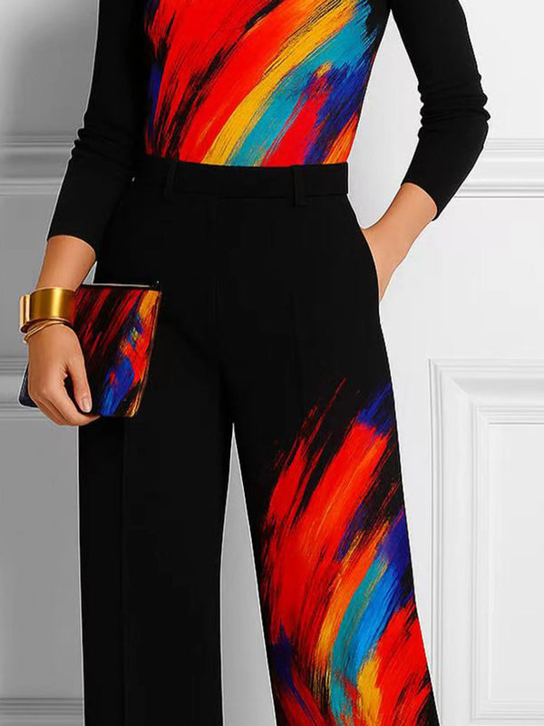 Printed Wide-Leg Pocket Contrast Pants