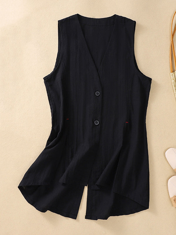 V-Neck Button-Detail Sleeveless Relaxed Vest