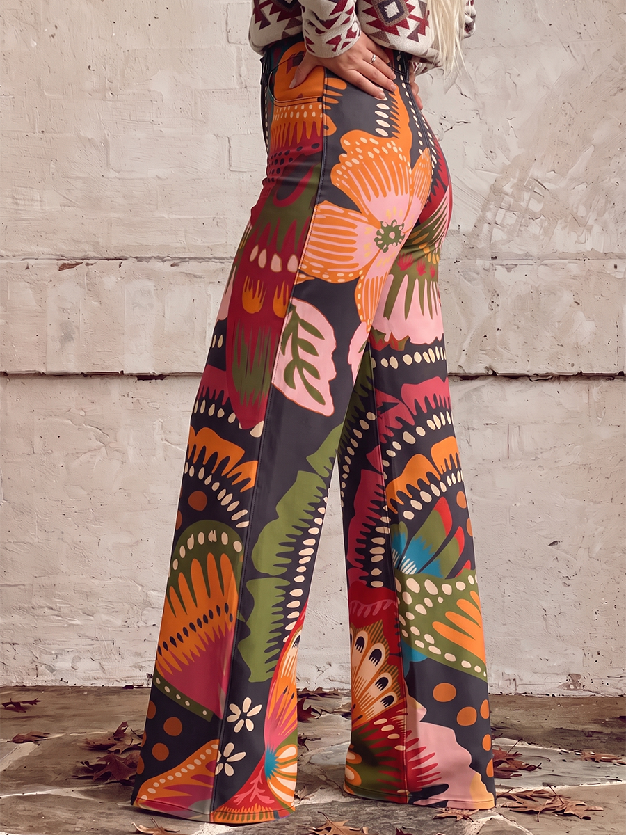 Printed Wide-Leg Plus Size Button-Detail Pants