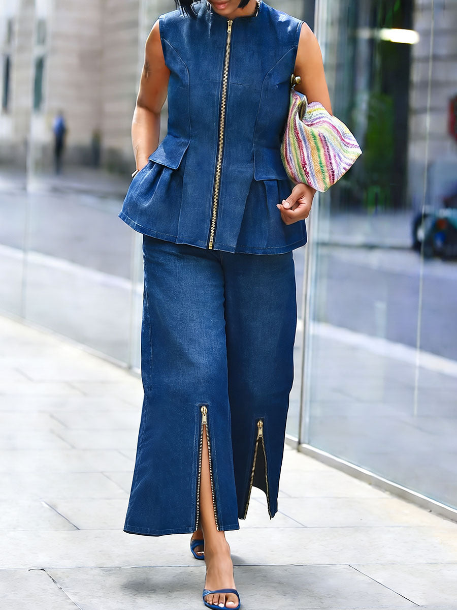 Wide-Leg Cropped Zip Pocket Pants