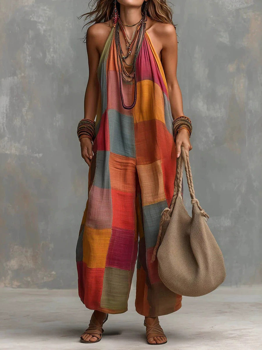 Checked Halter-Neck Sleeveless Relaxed Jumpsuit