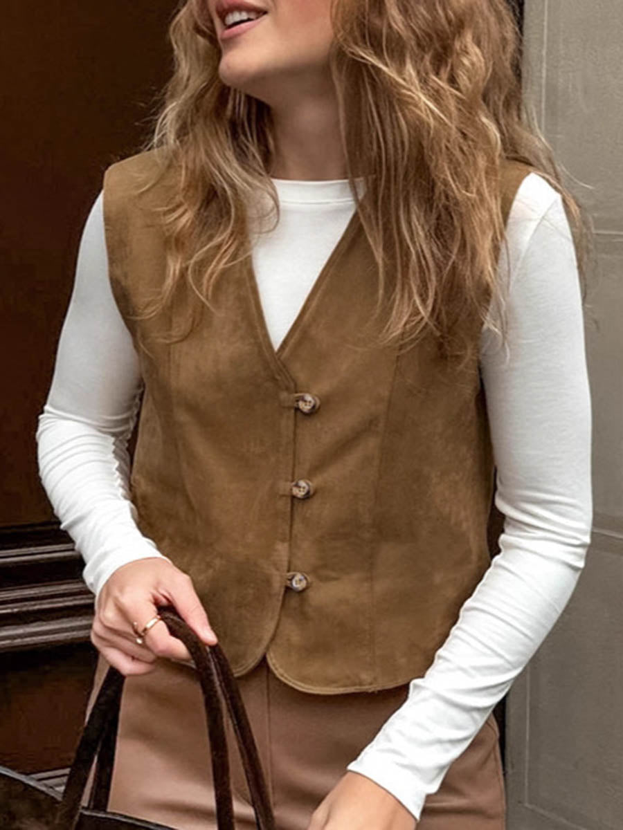 V-Neck Button-Detail Sleeveless Relaxed Vest