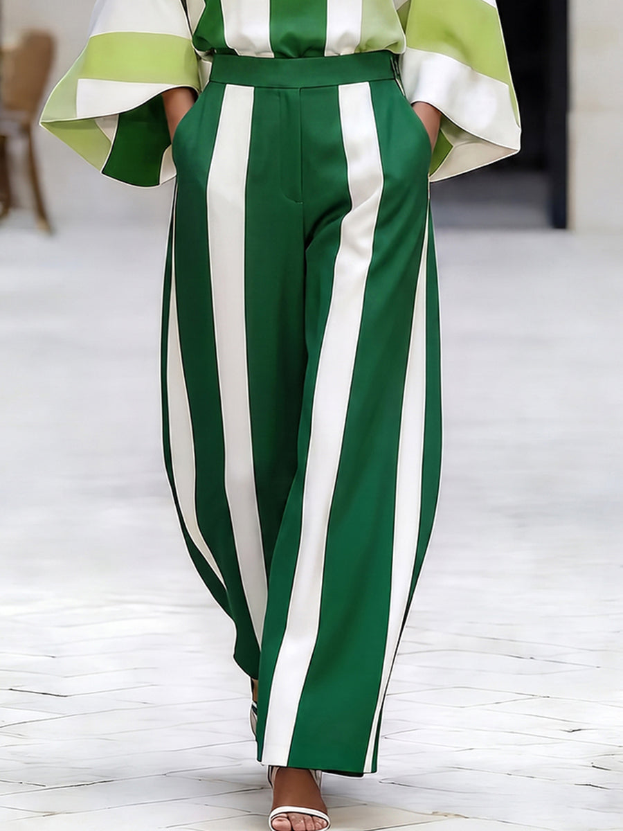 Striped Wide-Leg Pocket Elastic Pants