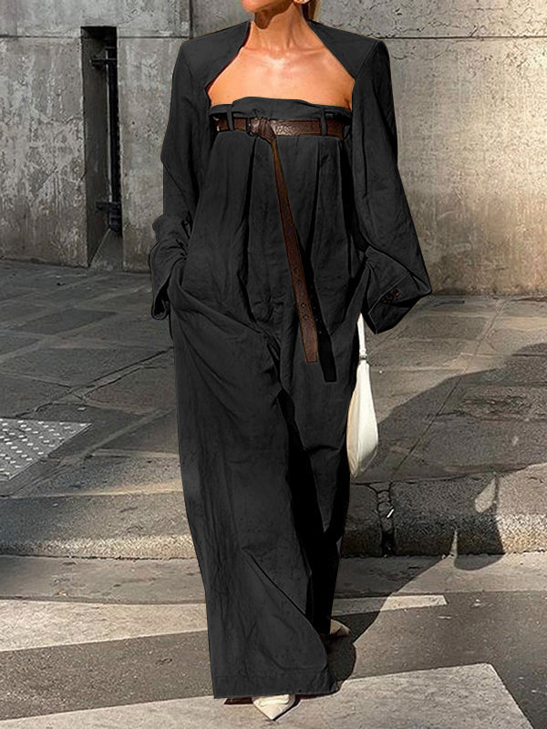 Wide-Leg Button-Detail Belted Long-Sleeve Belt