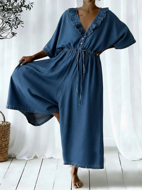 Wide-Leg V-Neck Ruffle Drawstring Jumpsuit