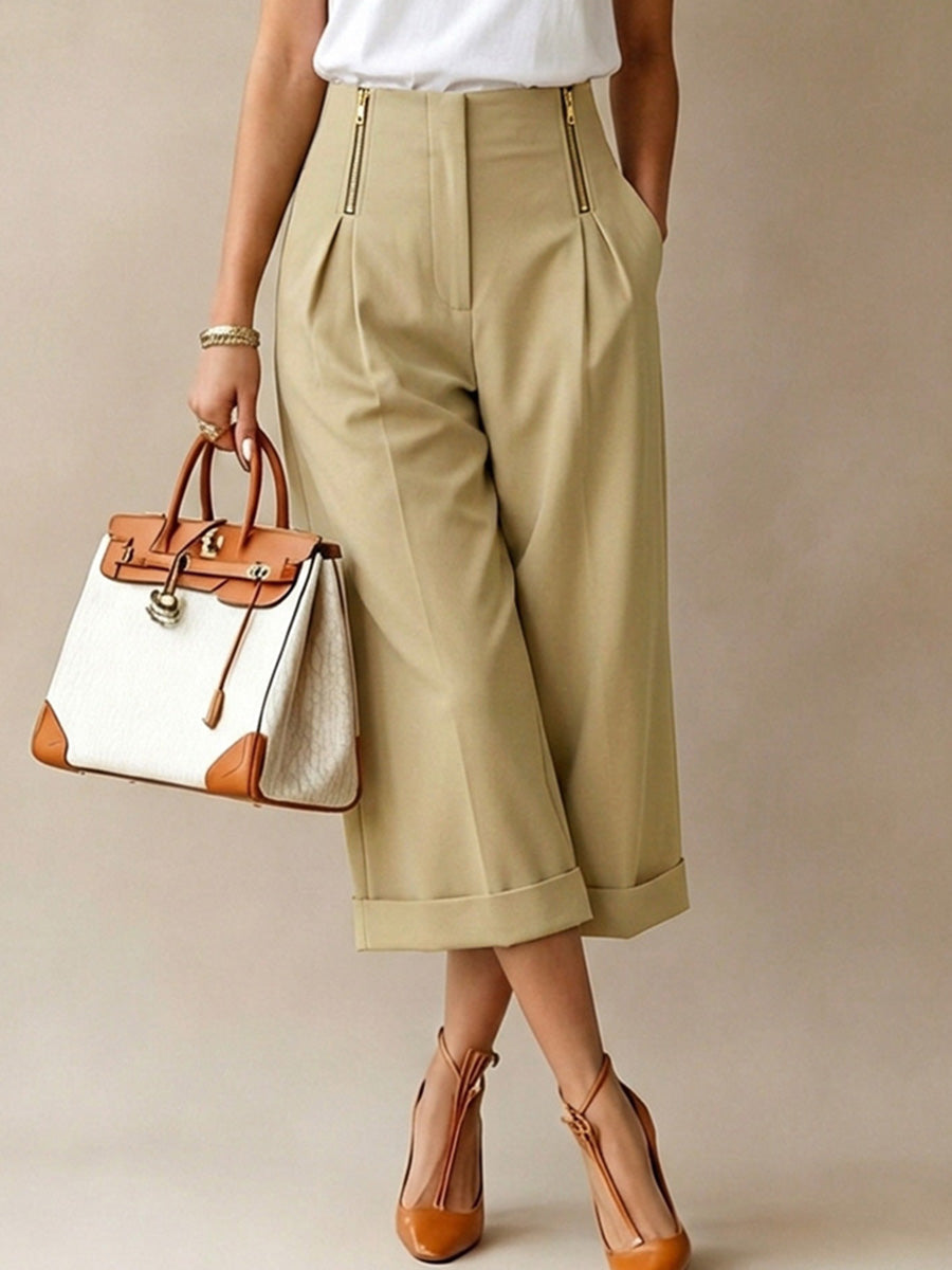 Wide-Leg High-Waist Cropped Pleated Pants