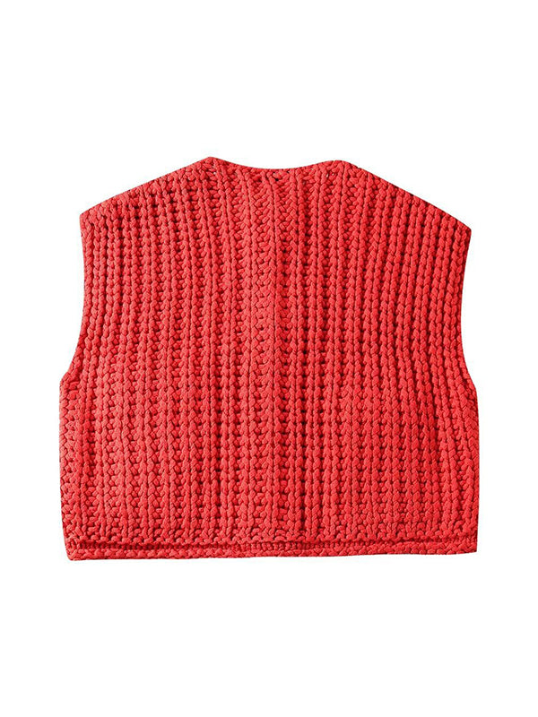 Knit Button-Detail Pocket Sleeveless Cardigan