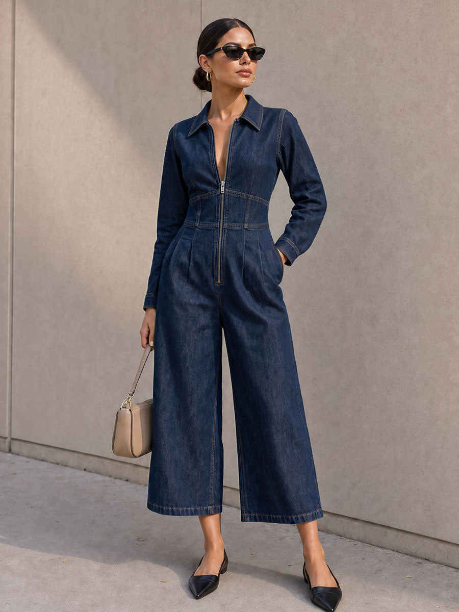Wide-Leg Zip Pocket Long-Sleeve Jumpsuit