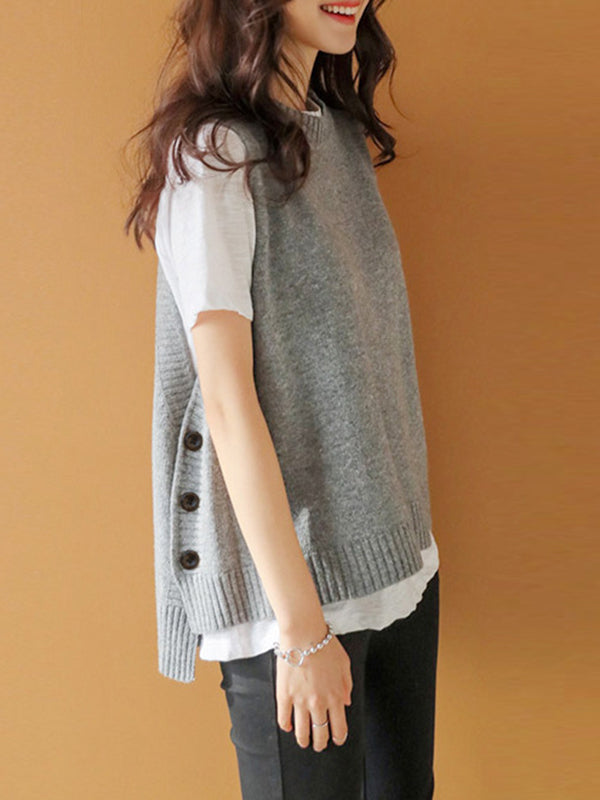Round-Neck Button-Detail Sleeveless Relaxed Vest