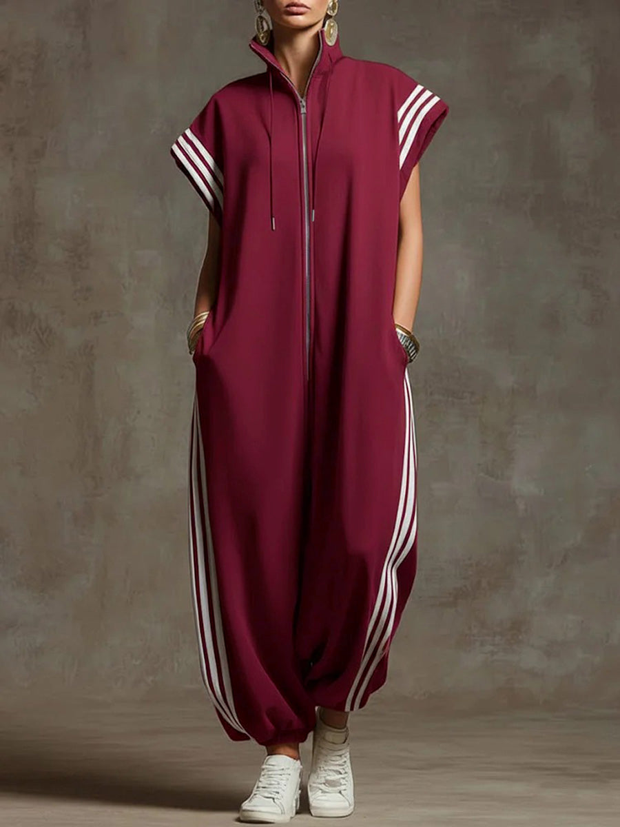 Striped Plus Size Stand-Collar Zip Jumpsuit