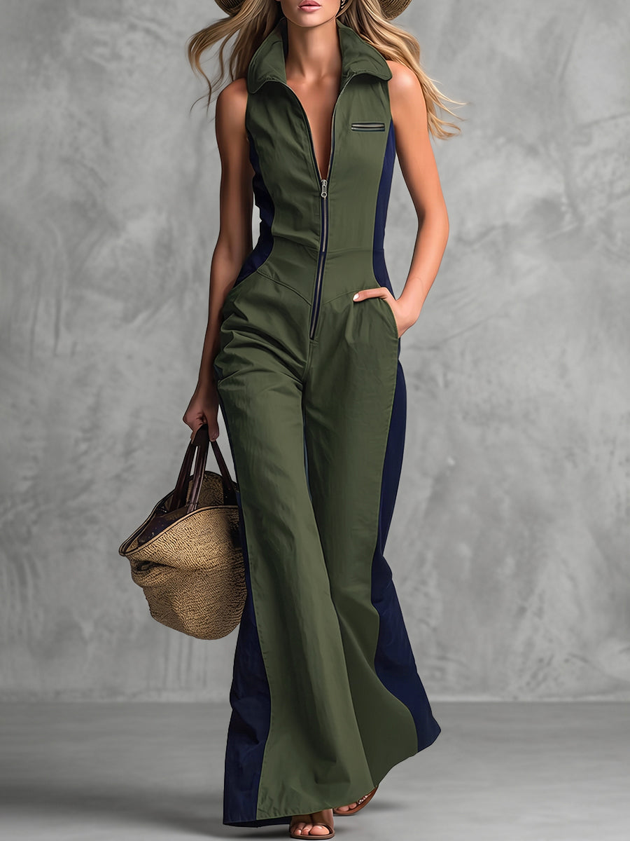 Wide-Leg Zip Pocket Sleeveless Jumpsuit