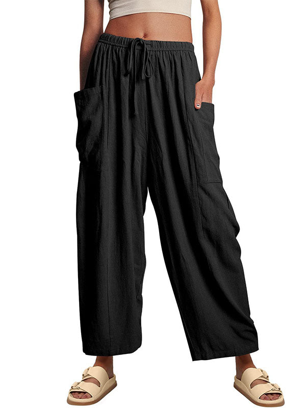High-Waist Pleated Drawstring Pocket Pants