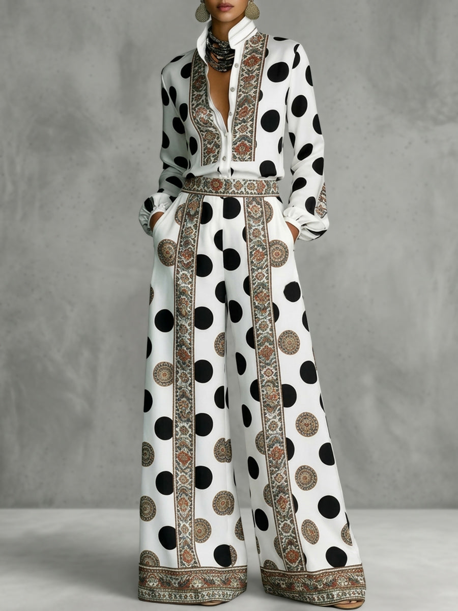 Polka Dot Wide-Leg High-Waist Pocket Pants