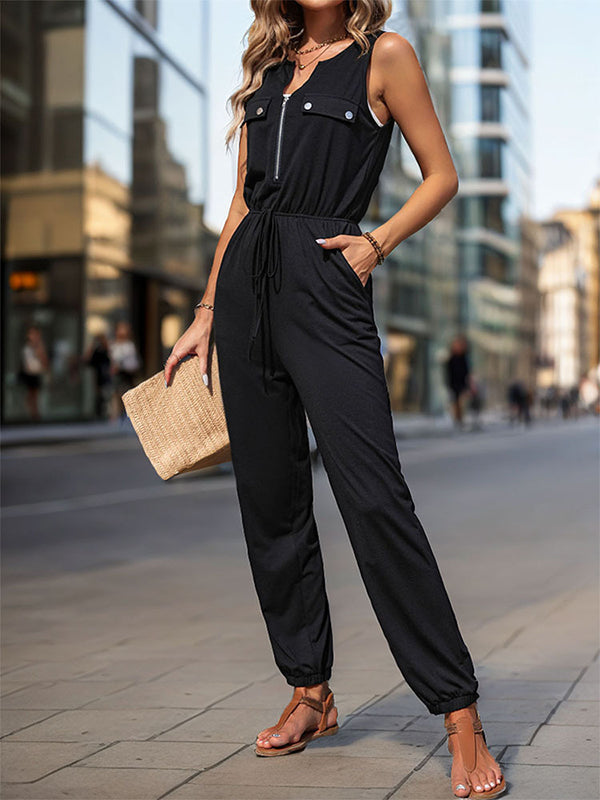 V-Neck Zip Sleeveless Jumpsuit