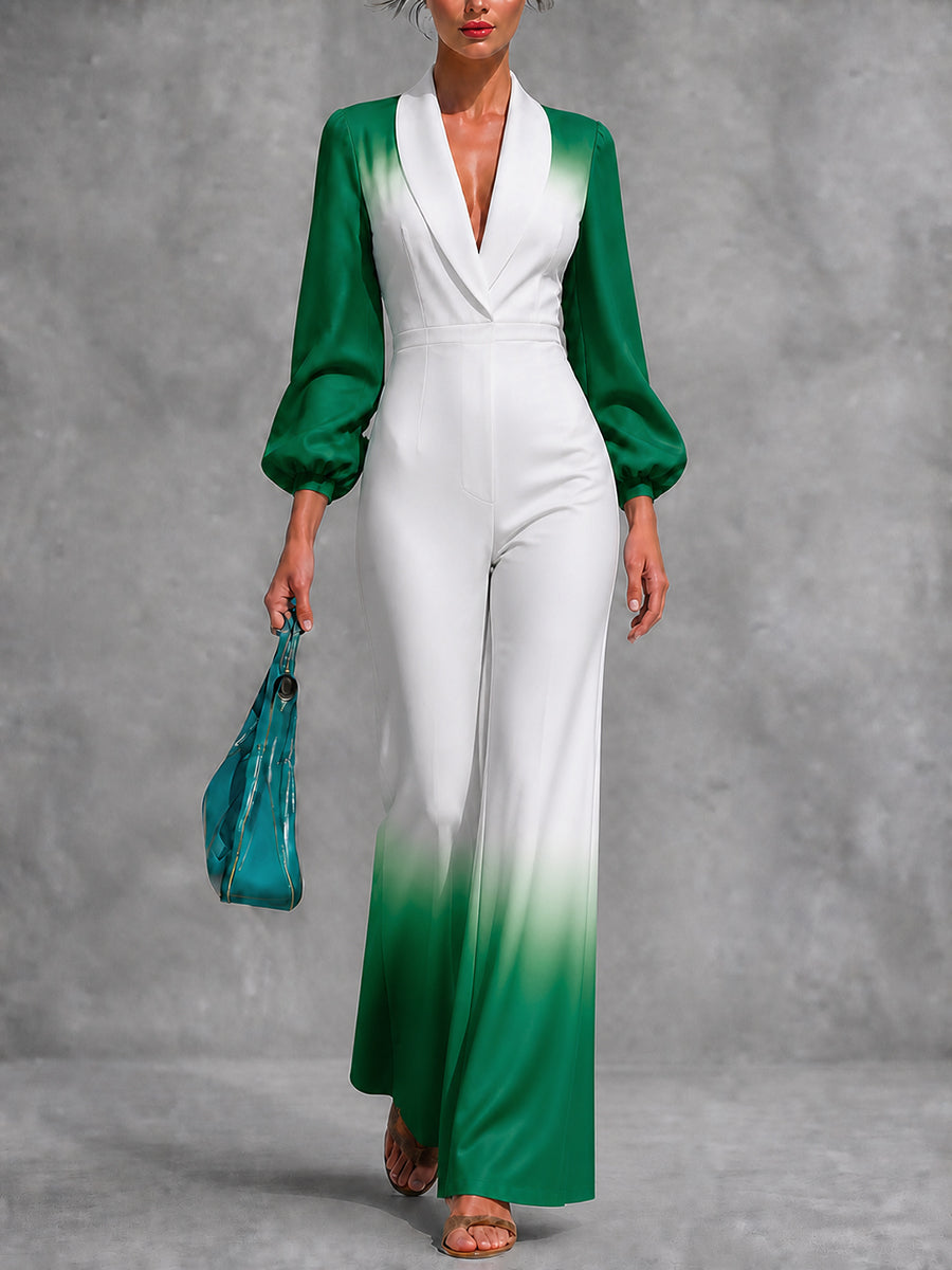 Gradient V-Neck Pleated Zip Jumpsuit