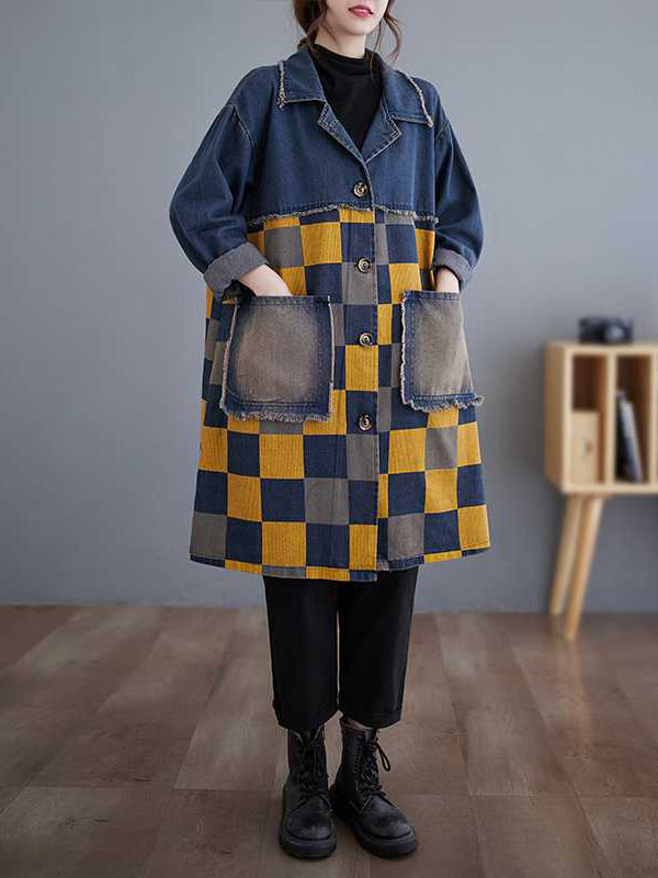 Checked Denim Notch-Collar Fringe Jacket