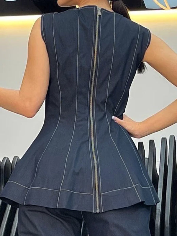 Round-Neck A-Line Zip Relaxed Vest