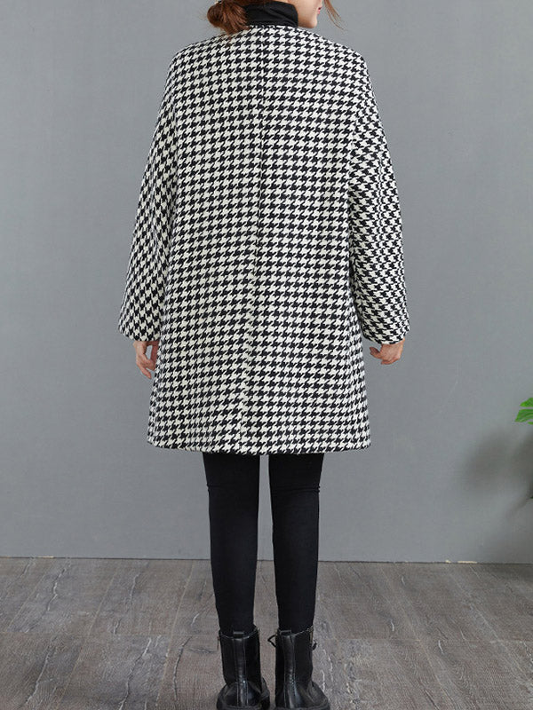 Houndstooth Round-Neck Button-Detail Long-Sleeve Coat