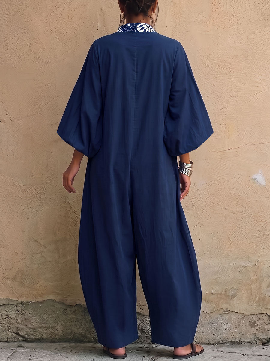 Printed Wide-Leg V-Neck Pocket Jumpsuit
