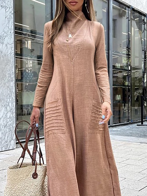 High-Waist Pocket Long-Sleeve Jumpsuit