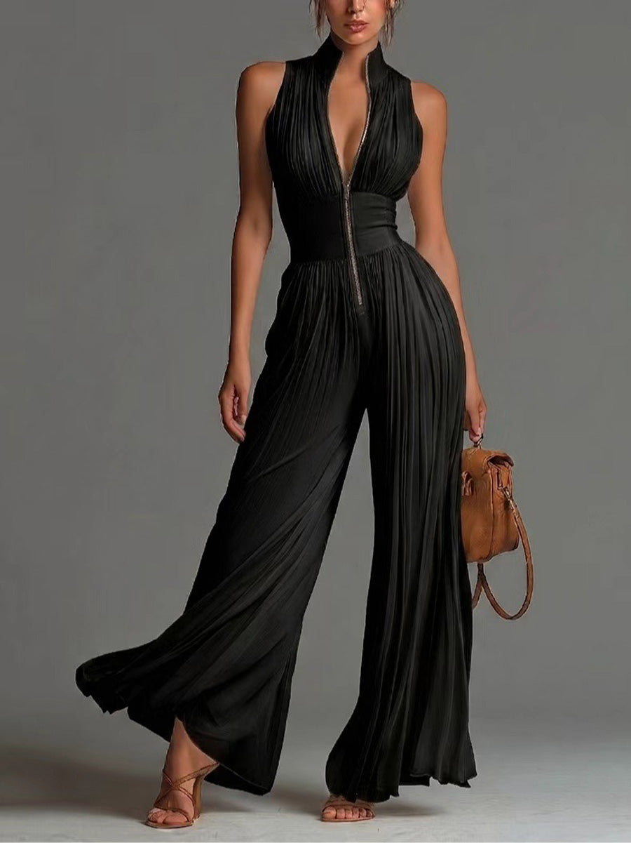 High-Waist V-Neck Pleated Zip Jumpsuit