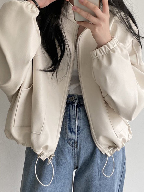 Stand-Collar Drawstring Zip Long-Sleeve Jacket