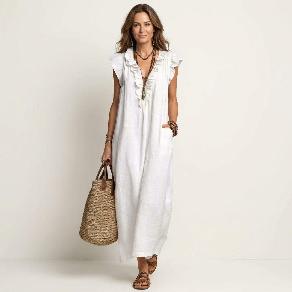Amina | Ruffle V-Neck Linen Maxi Dress