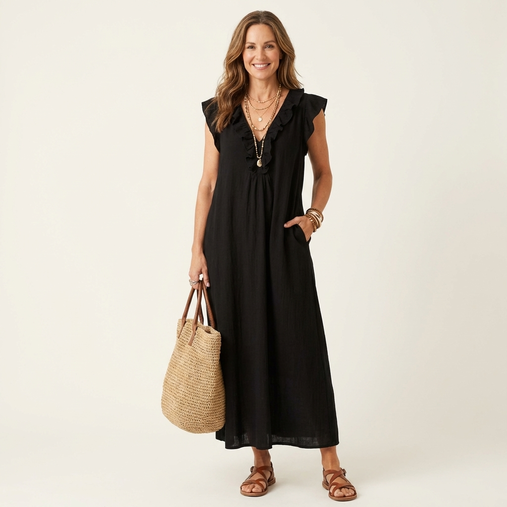 Amina | Ruffle V-Neck Linen Maxi Dress