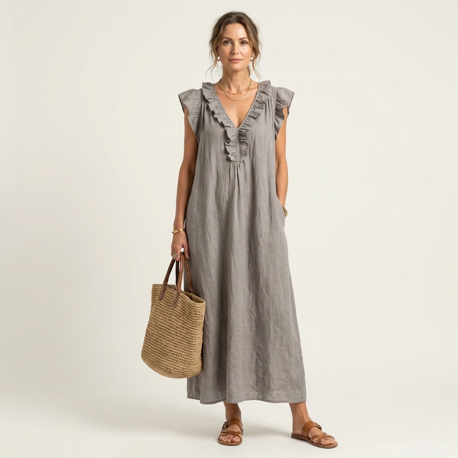 Amina | Ruffle V-Neck Linen Maxi Dress
