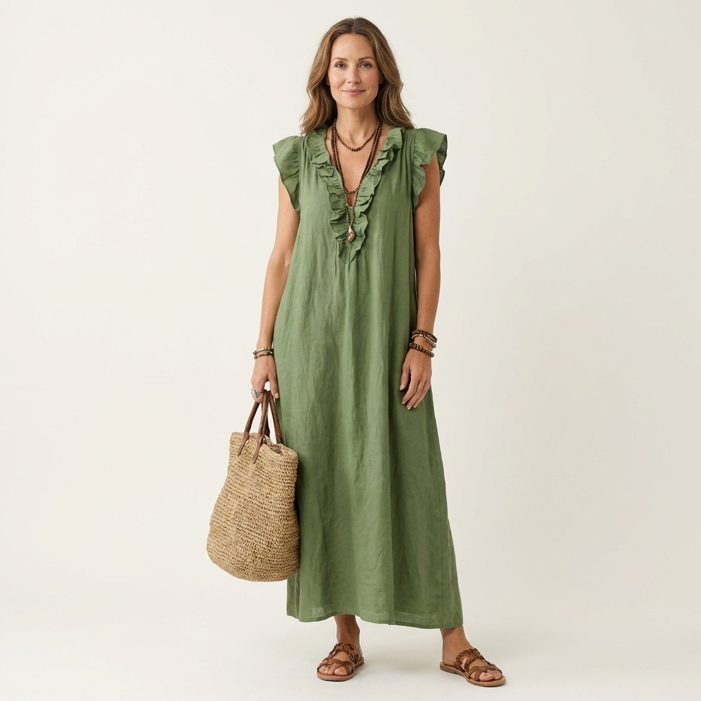 Amina | Ruffle V-Neck Linen Maxi Dress