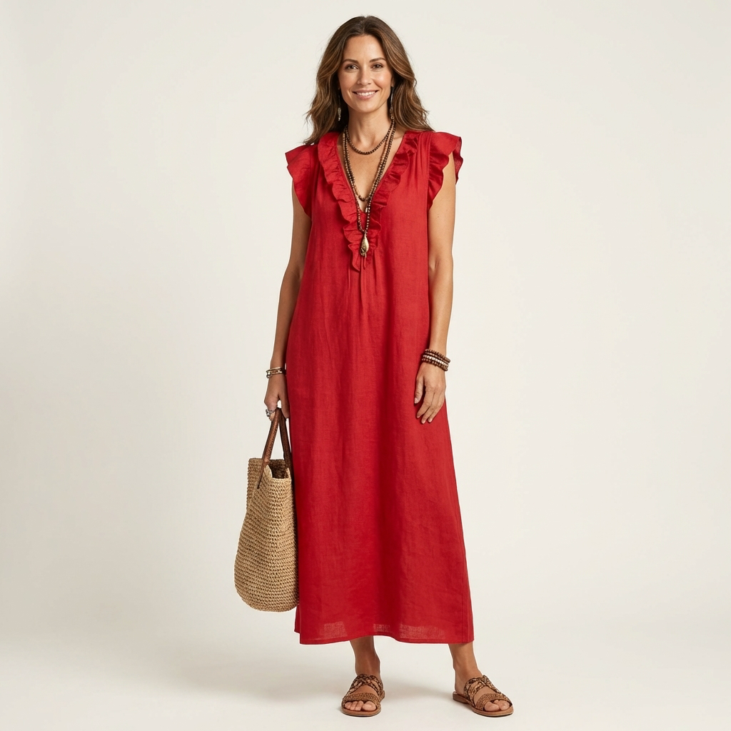 Amina | Ruffle V-Neck Linen Maxi Dress