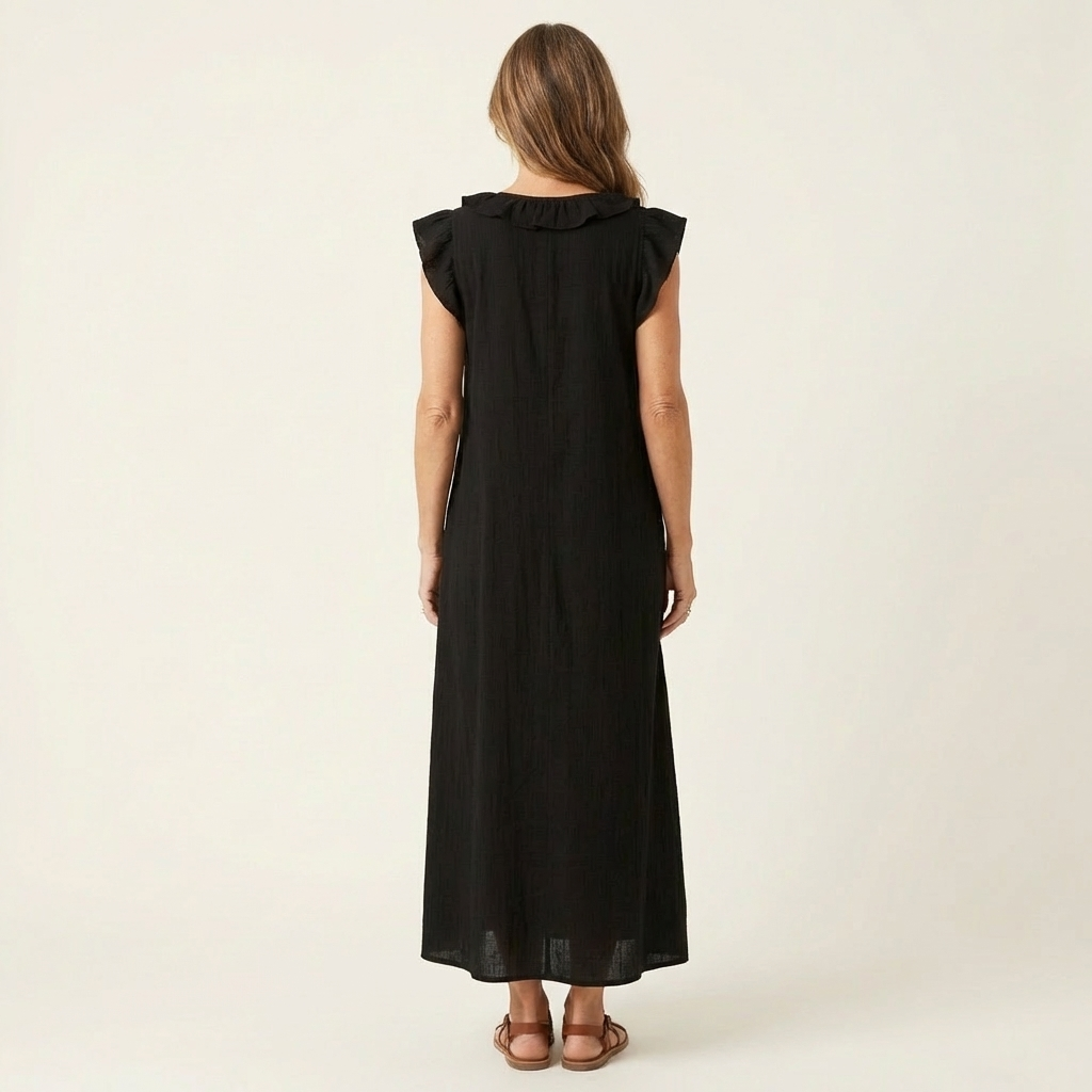 Amina | Ruffle V-Neck Linen Maxi Dress