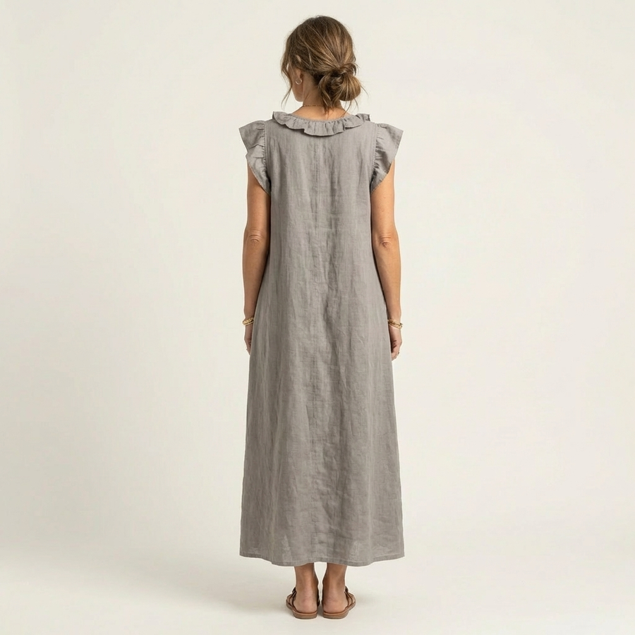 Amina | Ruffle V-Neck Linen Maxi Dress