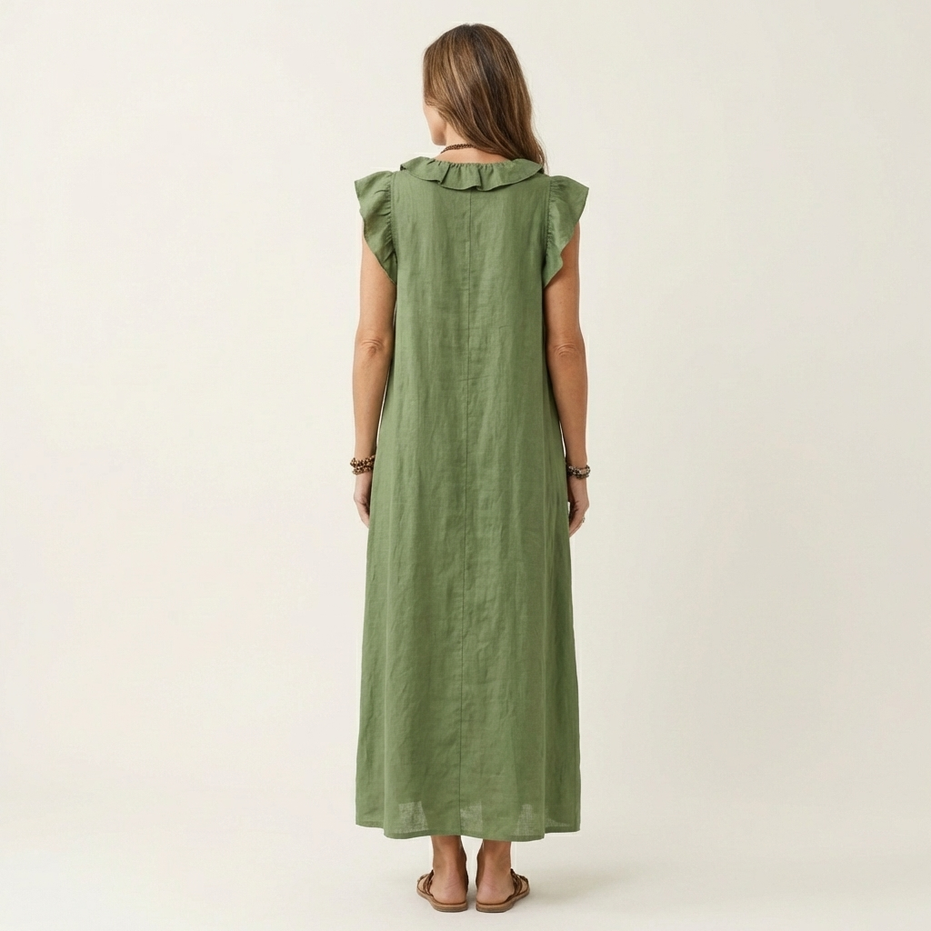 Amina | Ruffle V-Neck Linen Maxi Dress