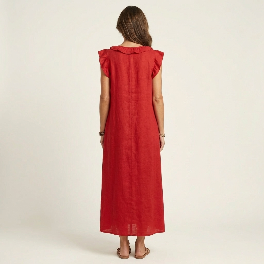 Amina | Ruffle V-Neck Linen Maxi Dress