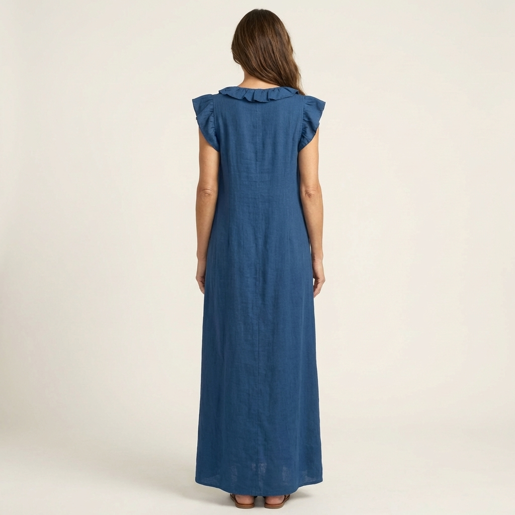 Amina | Ruffle V-Neck Linen Maxi Dress