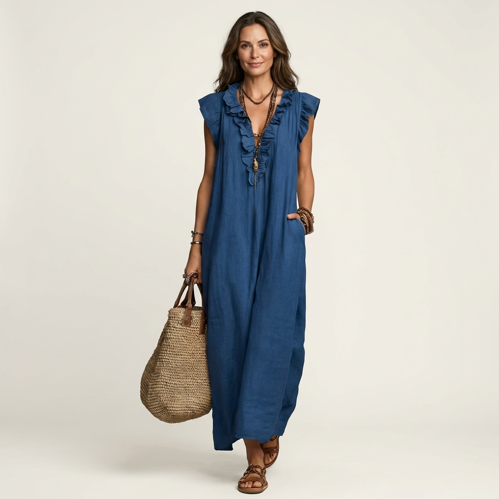 Amina | Ruffle V-Neck Linen Maxi Dress