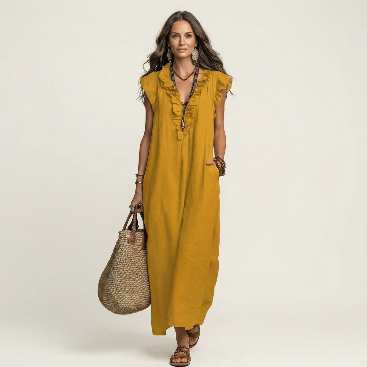 Amina | Ruffle V-Neck Linen Maxi Dress