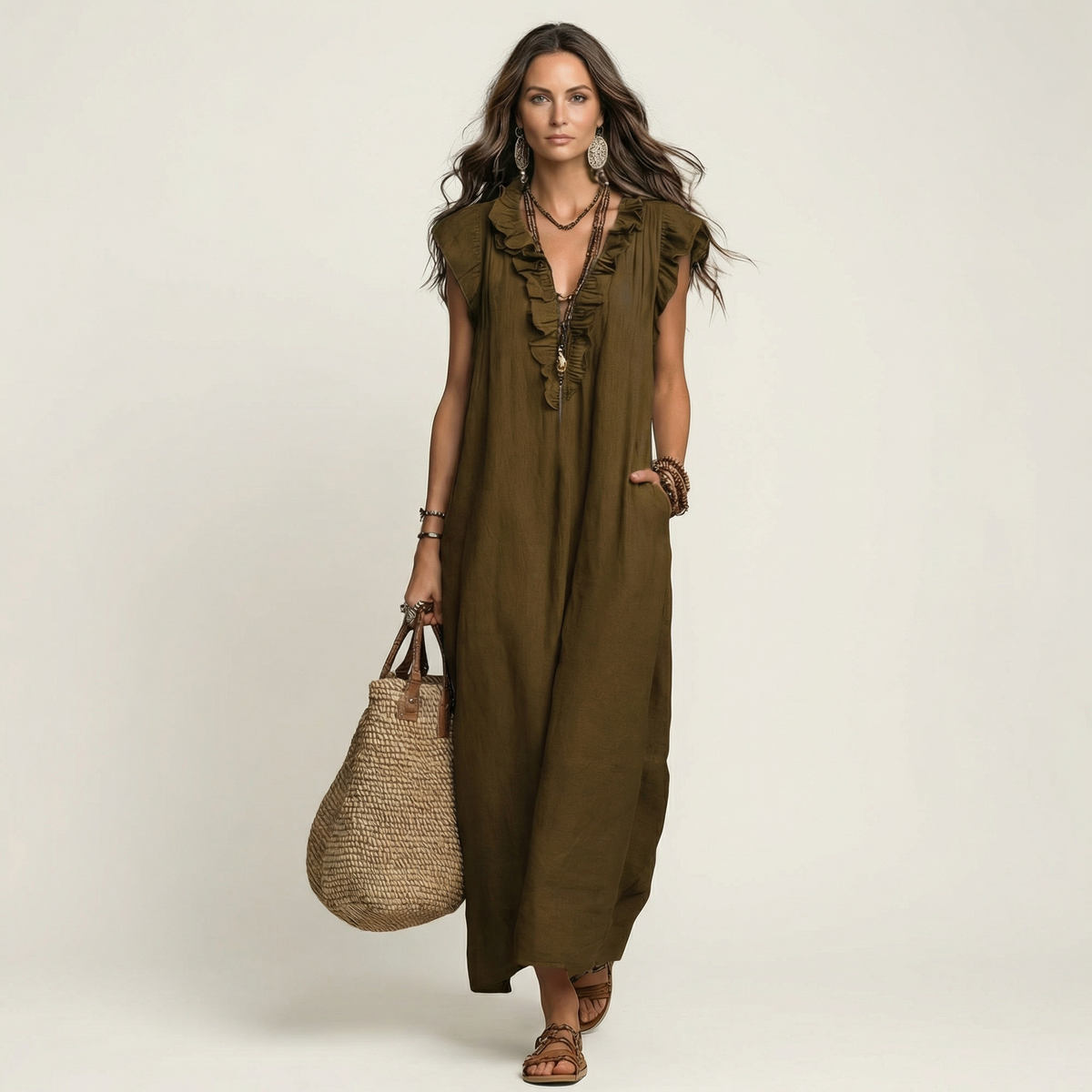 Amina | Ruffle V-Neck Linen Maxi Dress
