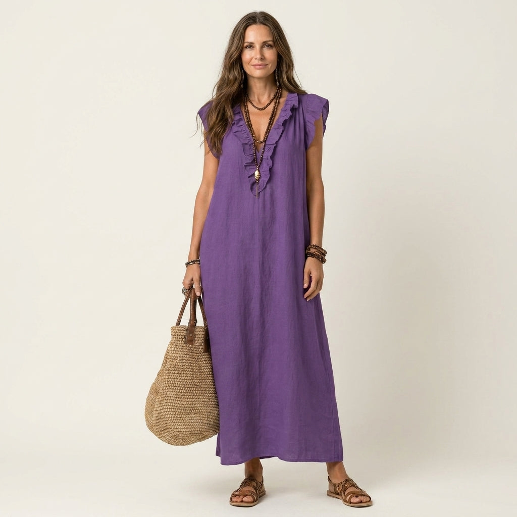 Amina | Ruffle V-Neck Linen Maxi Dress